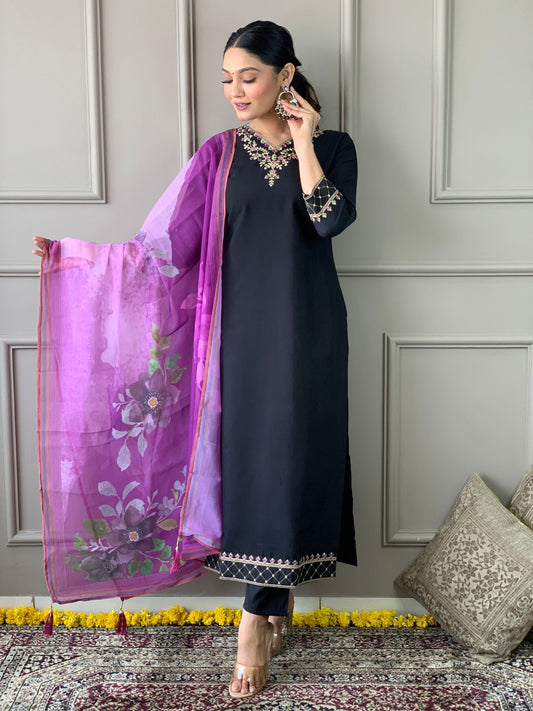 Black Chanderi Kurta Set with Dupatta