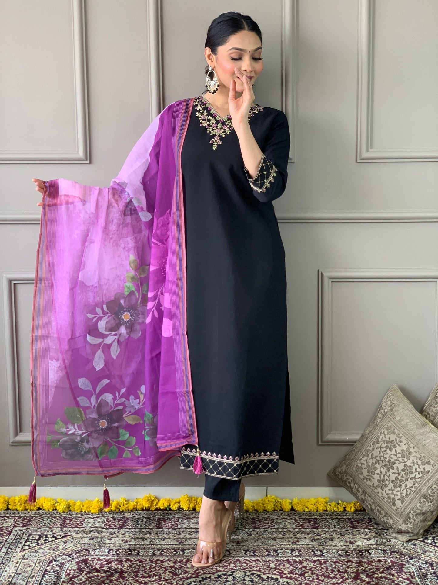 Black Chanderi Kurta Set with Dupatta