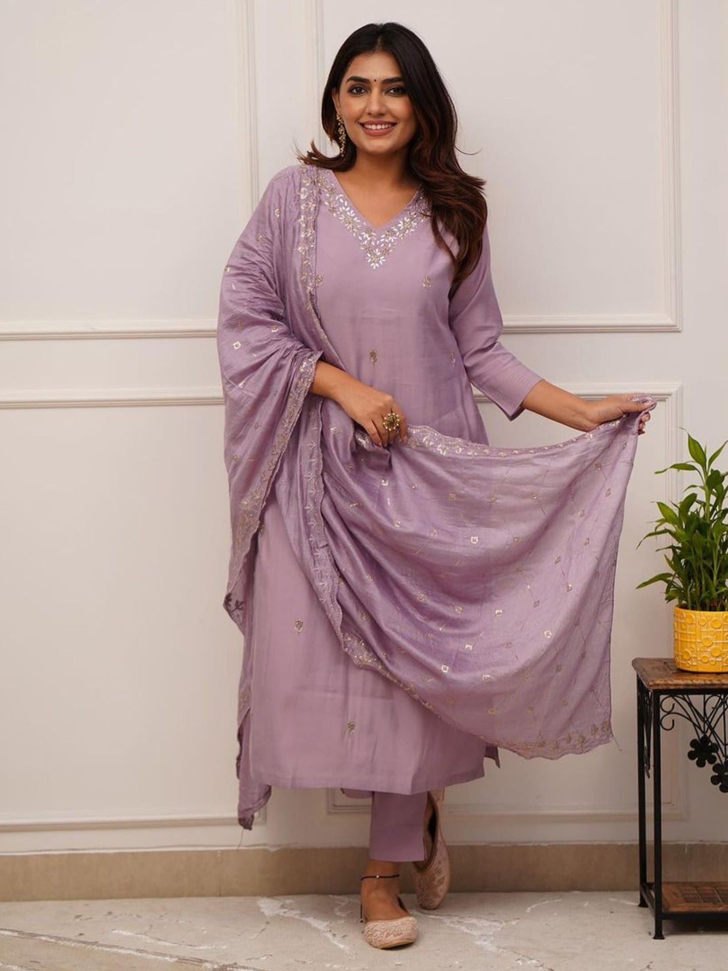 Chanderi Viscose Embroidered Kurta With Bottom & Dupatta Set