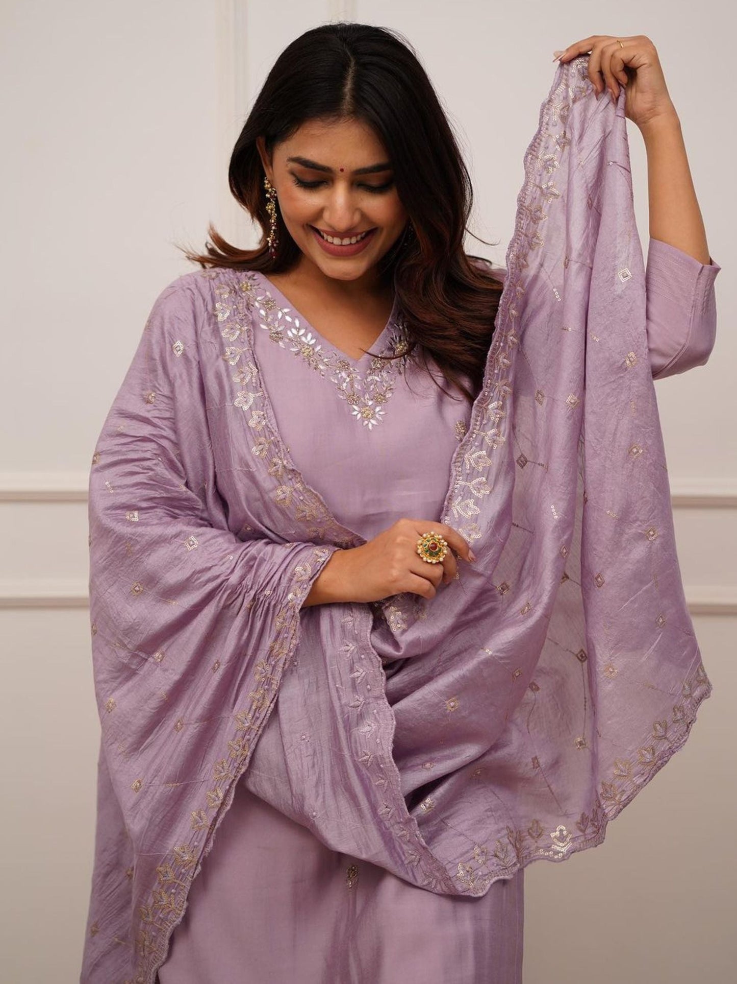 Chanderi Viscose Embroidered Kurta With Bottom & Dupatta Set