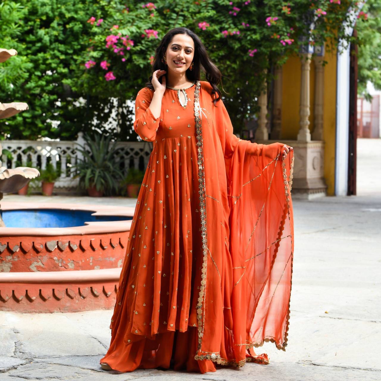 Embroidered Kurta, Palazzo & Dupatta Set