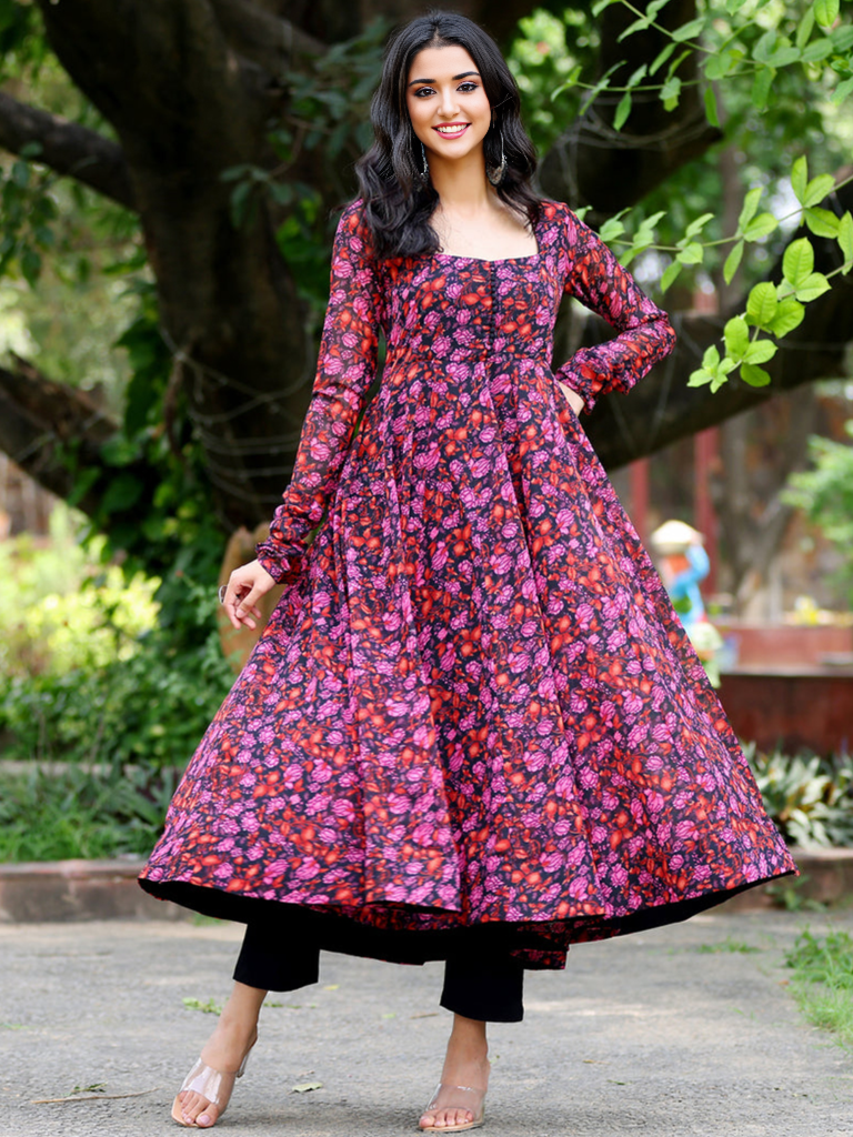 Floral Printed Full Sleeve Maxi Ethnic Gown