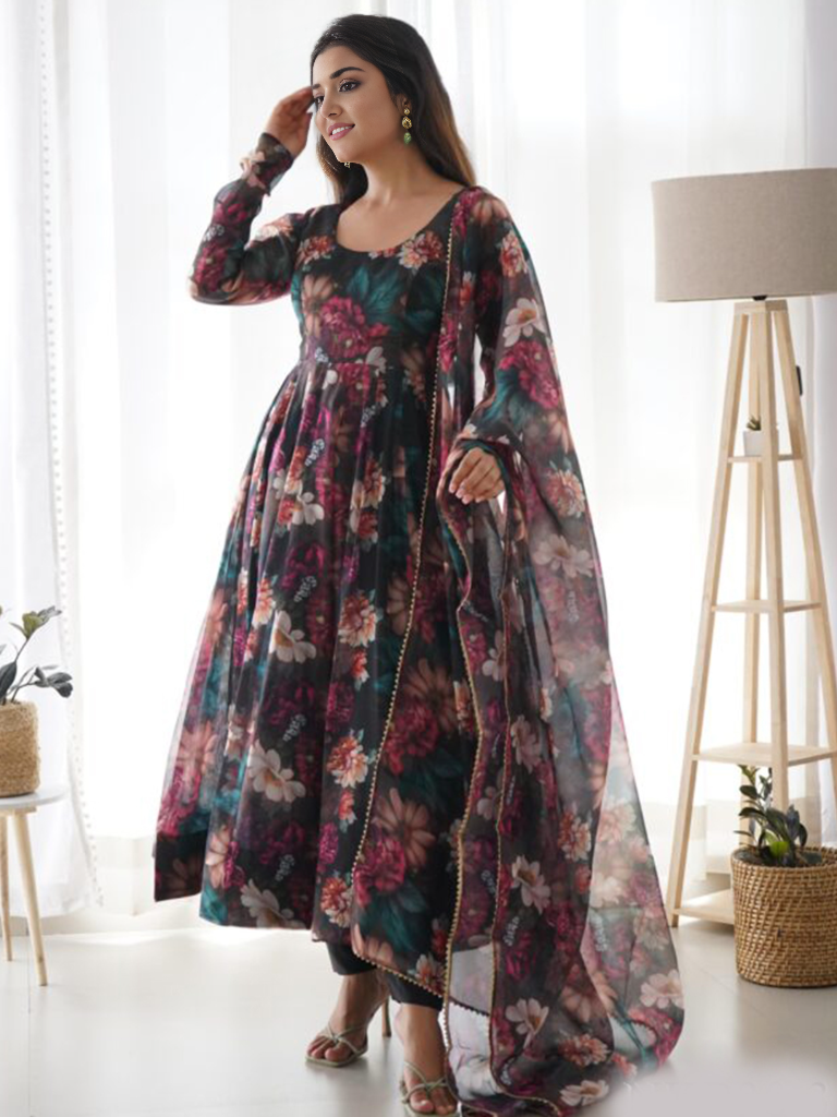 Organza Floral Printed Gown With Dupatta Set