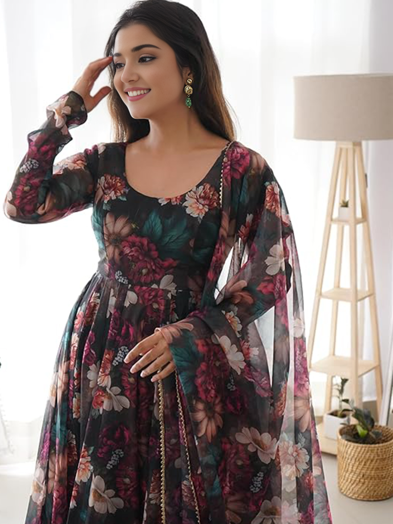 Organza Floral Printed Gown With Dupatta Set