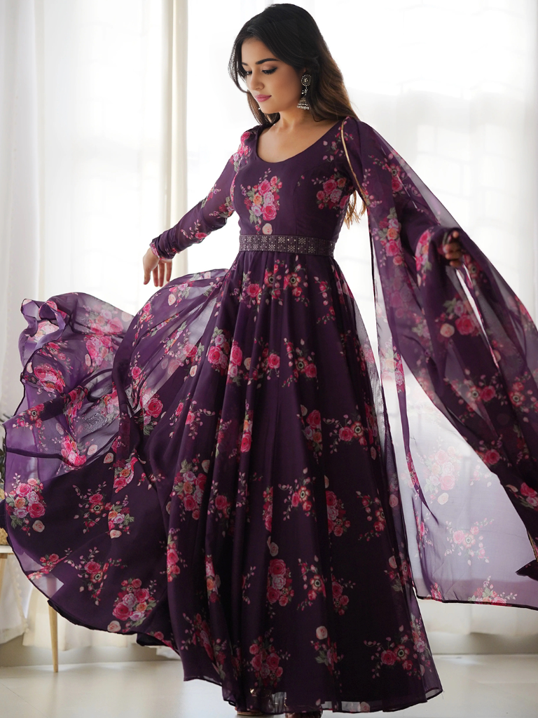 Organza Floral Printed Gown With Dupatta Set