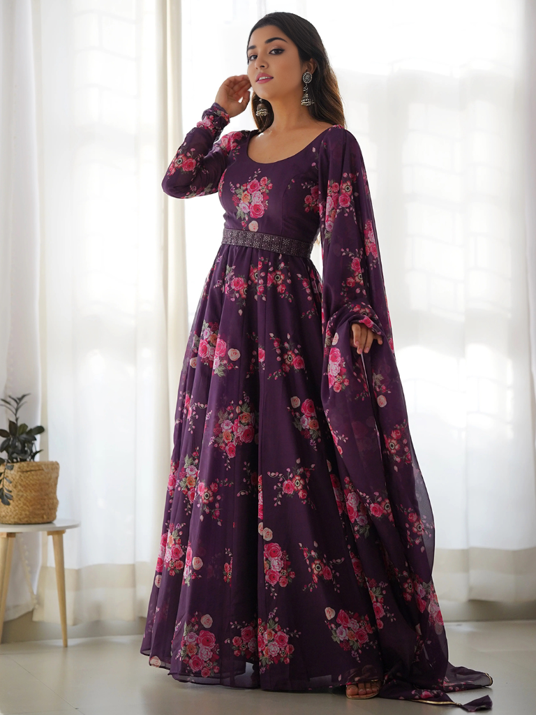 Organza Floral Printed Gown With Dupatta Set