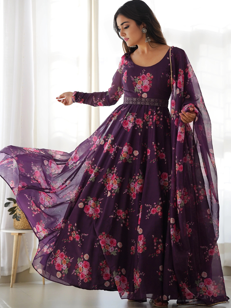 Organza Floral Printed Gown With Dupatta Set