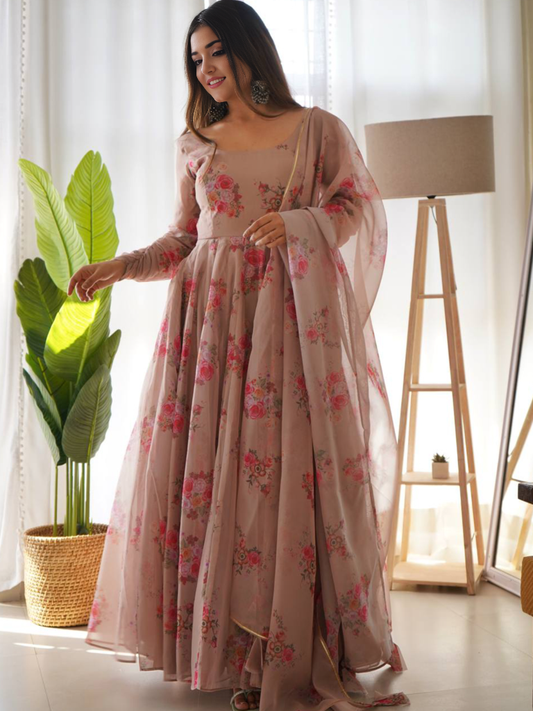 Organza Floral Printed Gown With Dupatta Set